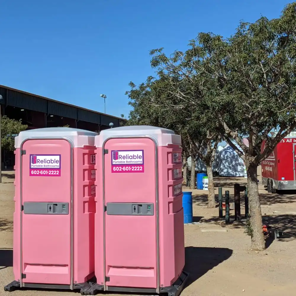 Portable bathroom units set up outdoors